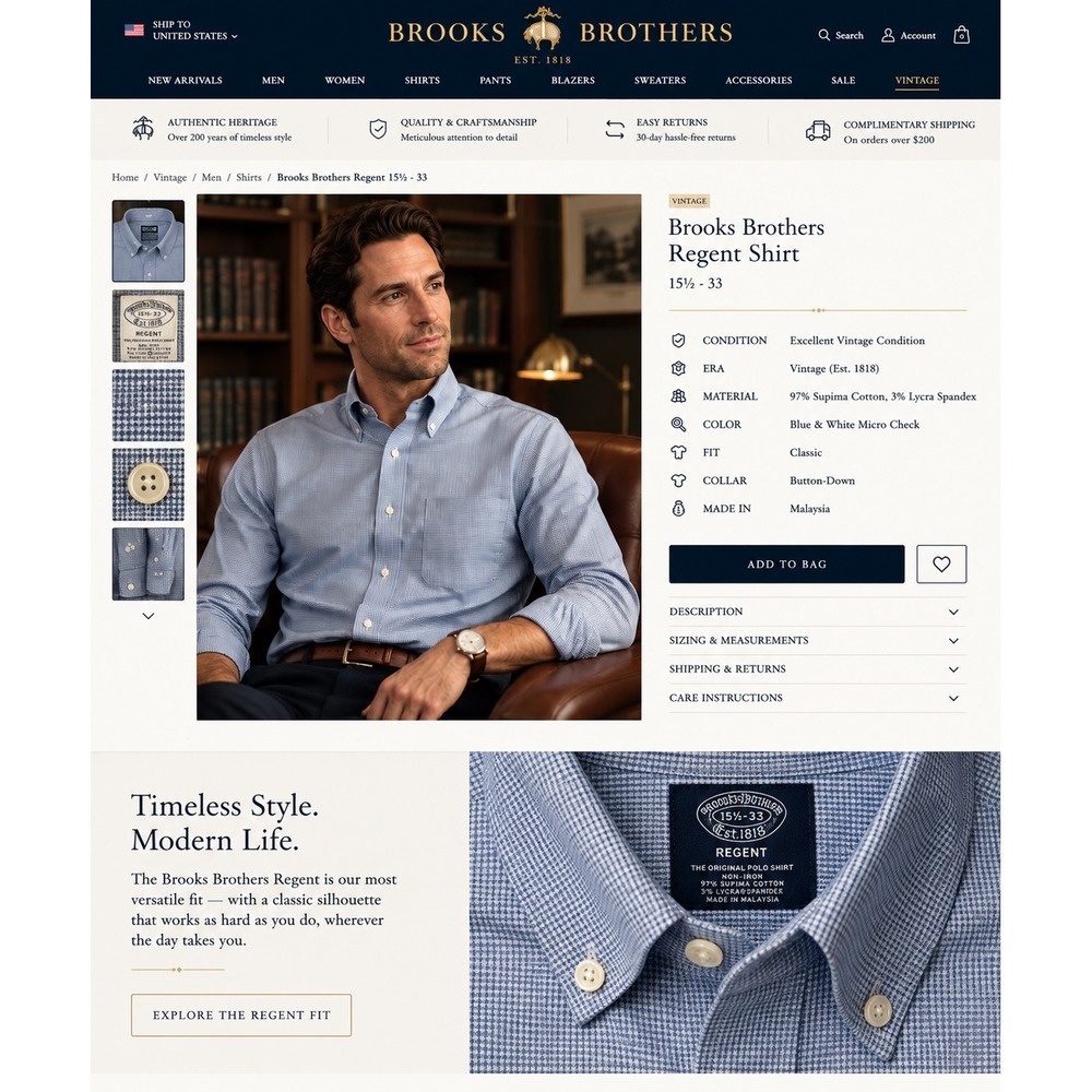 Brooks Brothers Regent Shirt 15.5 Blue White Micro-Check Non-Iron Supima Cotton